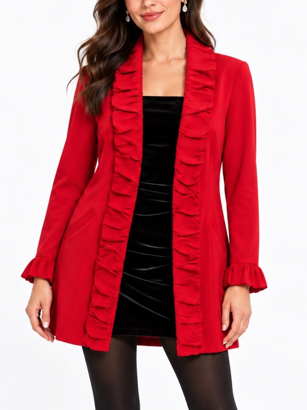 INC International Concepts Red Ruffle Longline Jacket Blazer Size L Like New